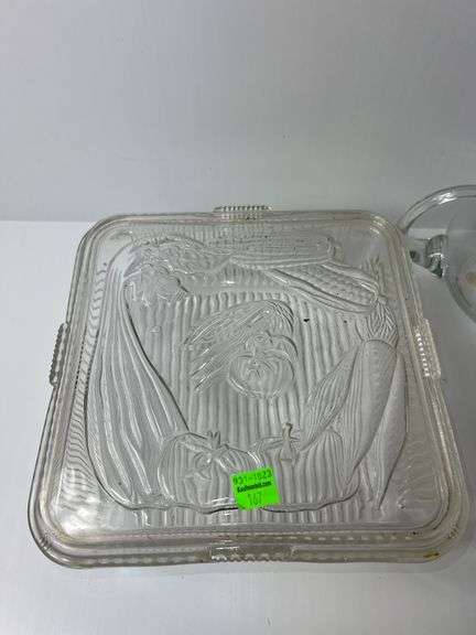 (2) Clear Glass Pitchers and (1) Clear Glass Dish w/ Lid