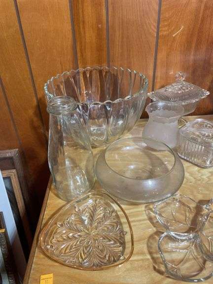 Large lot of clear glassware including lunch bowl, trays, basket and more