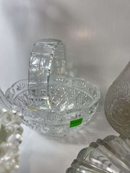 Assortment of Clear Glass Baskets, Dishes and Vases