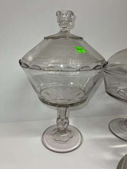 (3) Clear Glass Pedestal Candy Dishes and Clear Glass Canister