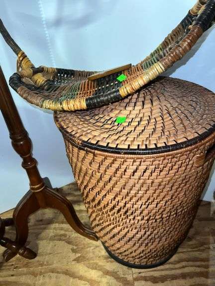Decorative Wicker Basket, Laundry Hamper, and (2) Wooden Side Tables