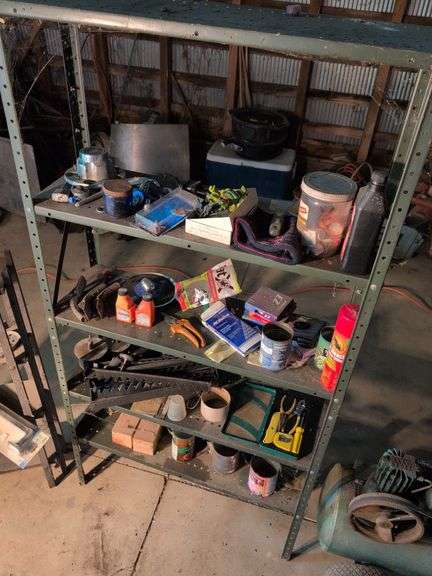 Metal shelving and wooden shelving - both with contents