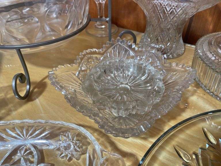 Large lot of clear glassware including lunch bowl, trays, basket and more