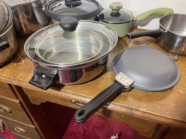 Vision Corning glass pan and pots, stainless steel pots, and other kitchenware