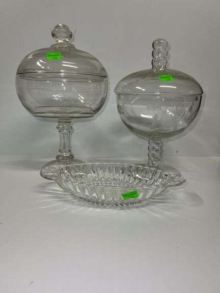 (2) Clear Glass Pedestal Candy Jars and Glass Relish Dish