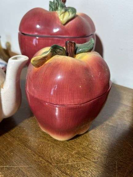 Large lot of Apple canisters - some ceramic, Apple mugs, teapots, butter dish and misc.