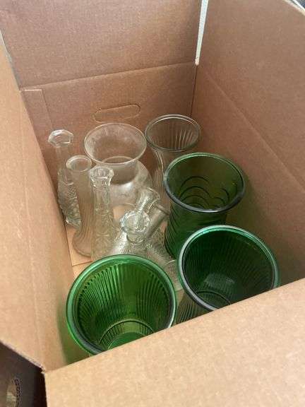 (2) boxes of vases and 2 glass jugs