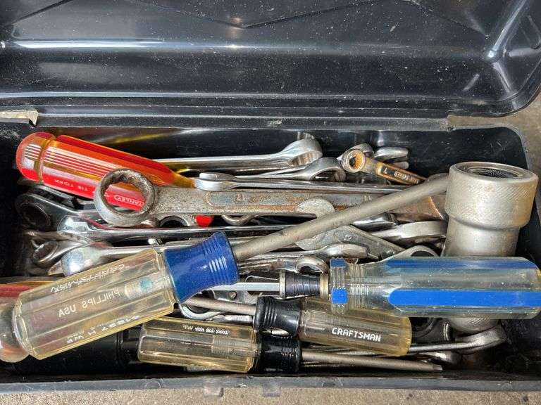 Yellow Metal Ammo Crate and Black Plastic Sears Box w/ Hand Tools