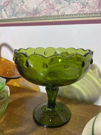 Green depression dish, tiara glass basket, compote and other dish
