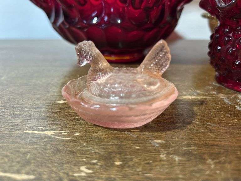 Fenton bear, basket, dish and (2) hen on a nests