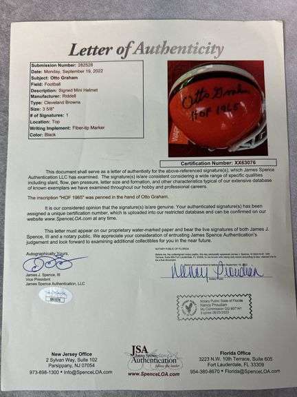 Otto Graham signed Cleveland Browns mini helmet, full JSA letter
