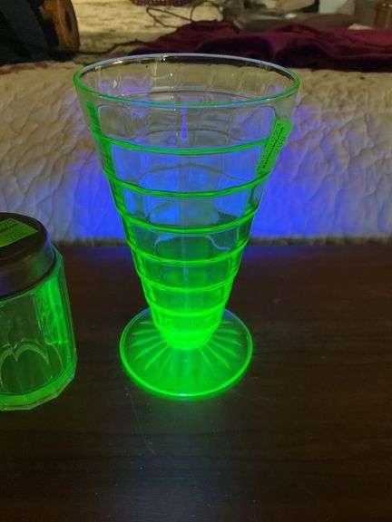 Uranium Glass Salt Shaker, Uranium Glass Tumbler, Uranium Glass Sugar Bowl
