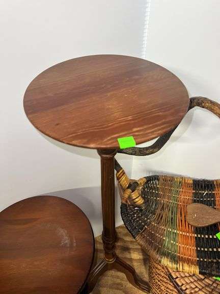 Decorative Wicker Basket, Laundry Hamper, and (2) Wooden Side Tables