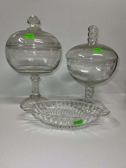 (2) Clear Glass Pedestal Candy Jars and Glass Relish Dish