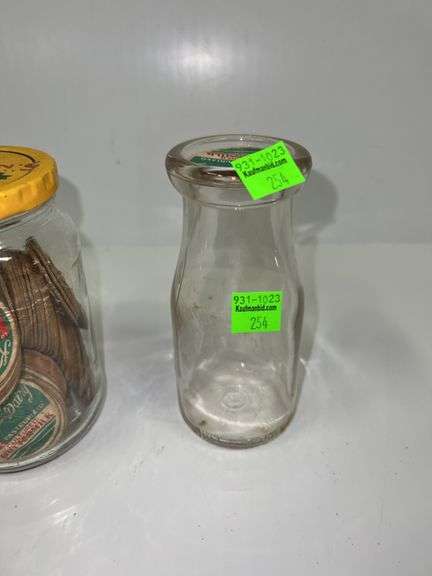 Vintage Milk Bottle w/ Jar of Kentucky Acres Dairy Milk Lids