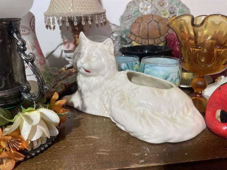 (2) totes of glassware including decorative plates, lamps, animal planters, figurines and more