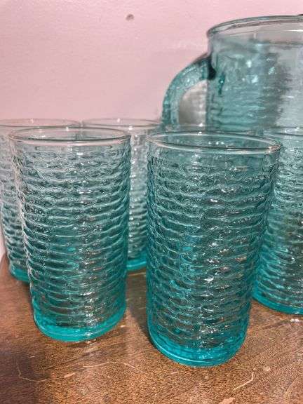 Vintage Anchor Hocking Soreno Aquamarine Blue Pressed Bark Pitcher and (12) Juice Glasses MCM