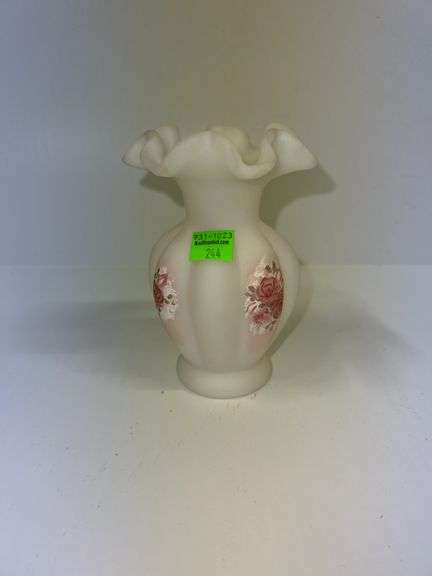 Fenton Hand Painted White Satin Floral Vase