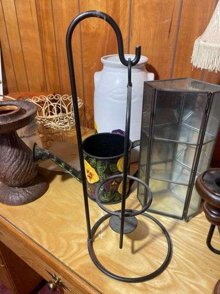 Large lot of decor including candleholder, (2) matching lamps, jug, small display case & more