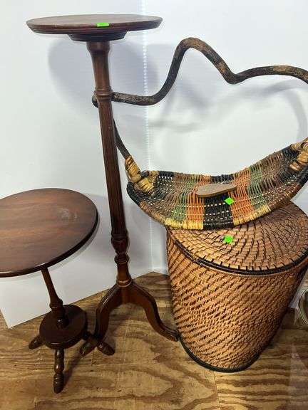 Decorative Wicker Basket, Laundry Hamper, and (2) Wooden Side Tables