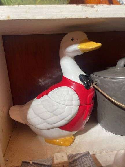 (5) cookie jars including duck, chicken, elephant, kettle & Avon jar- cracked
