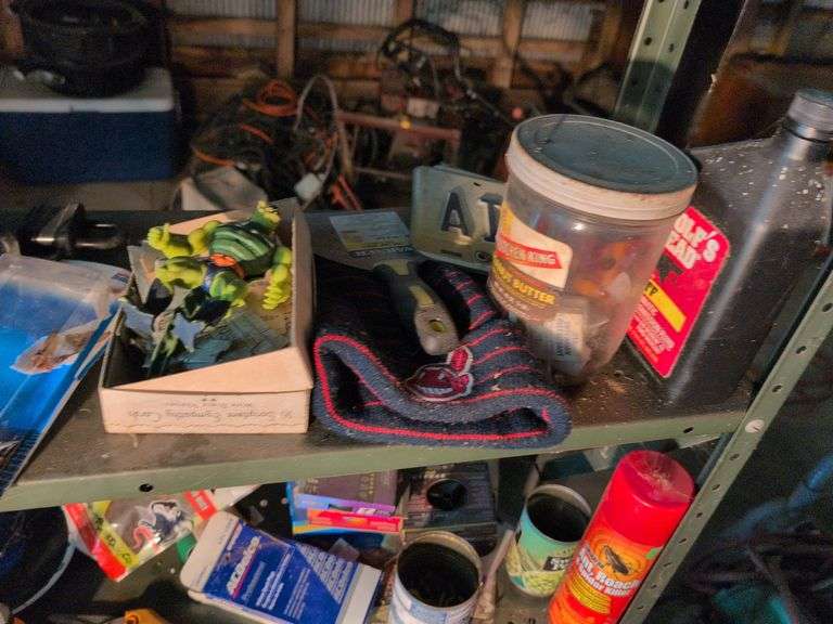 Metal shelving and wooden shelving - both with contents