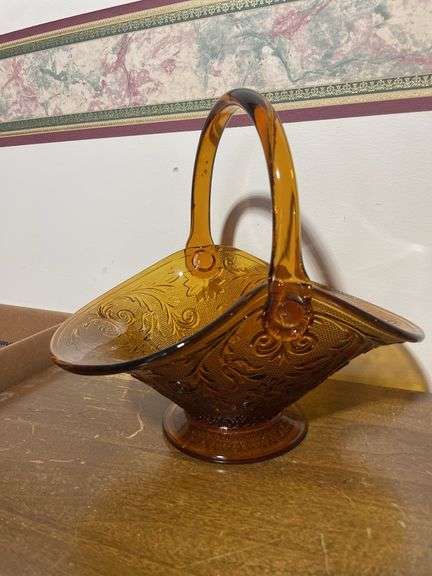 Green depression dish, tiara glass basket, compote and other dish