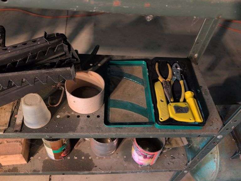 Metal shelving and wooden shelving - both with contents