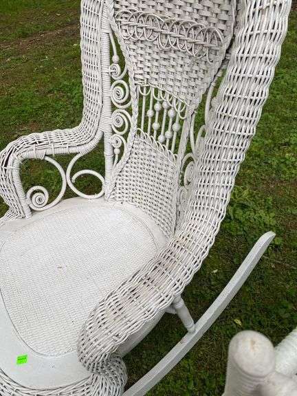 White Wicker Rocking Chair and Flower Basket