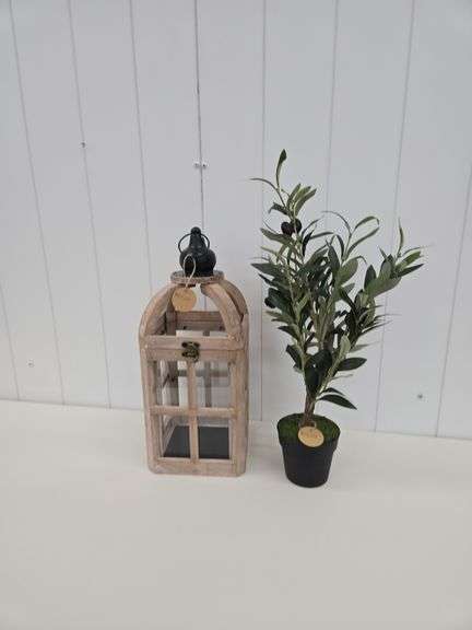 Wooden decorative lantern & faux olive decor