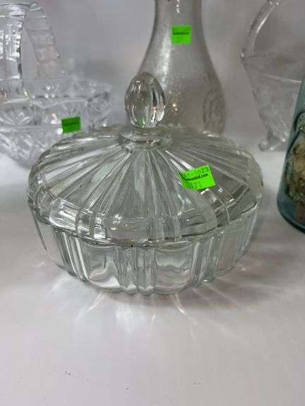 Assortment of Clear Glass Baskets, Dishes and Vases
