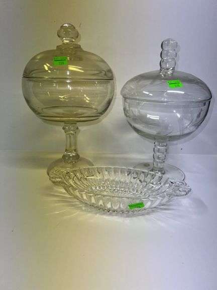 (2) Clear Glass Pedestal Candy Jars and Glass Relish Dish