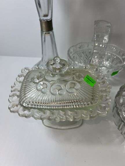 Assortment of Clear Glass Baskets, Dishes and Vases