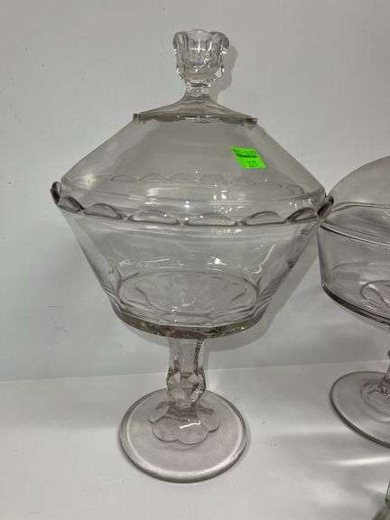 (3) Clear Glass Pedestal Candy Dishes and Clear Glass Canister