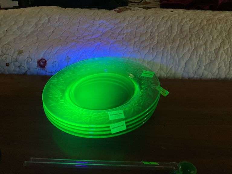 Vintage Uranium Glass Saucer Plates and Stir Spoons