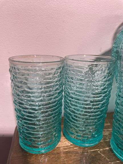 Vintage Anchor Hocking Soreno Aquamarine Blue Pressed Bark Pitcher and (12) Juice Glasses MCM