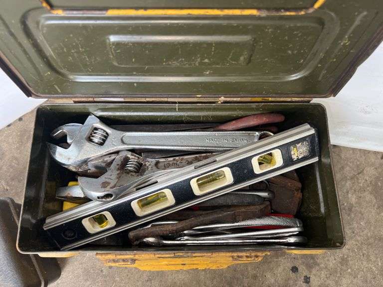 Yellow Metal Ammo Crate and Black Plastic Sears Box w/ Hand Tools