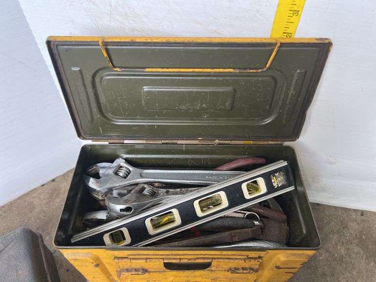 Yellow Metal Ammo Crate and Black Plastic Sears Box w/ Hand Tools