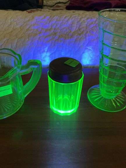 Uranium Glass Salt Shaker, Uranium Glass Tumbler, Uranium Glass Sugar Bowl