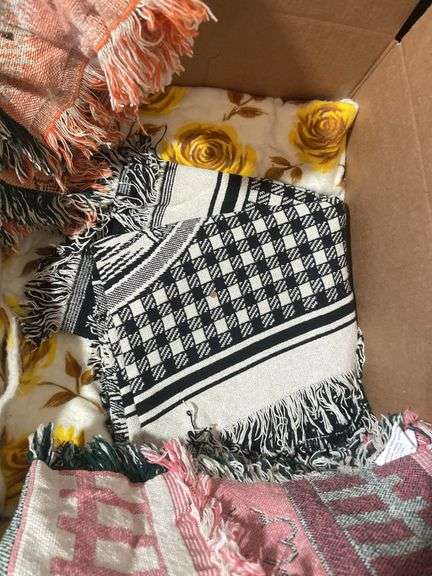 Box of materials, bedding, blankets, afghans and more