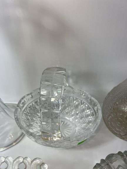 Assortment of Clear Glass Baskets, Dishes and Vases