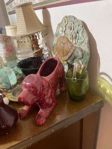 (2) totes of glassware including decorative plates, lamps, animal planters, figurines and more