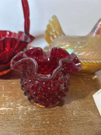 Fenton bear, basket, dish and (2) hen on a nests