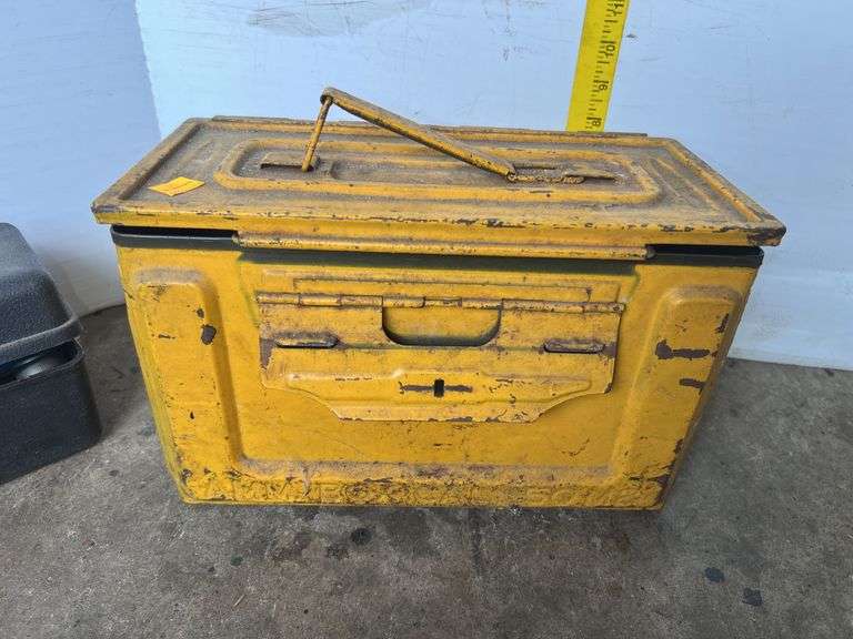 Yellow Metal Ammo Crate and Black Plastic Sears Box w/ Hand Tools