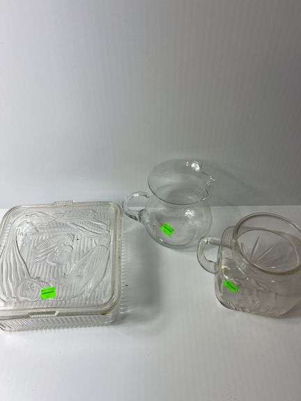 (2) Clear Glass Pitchers and (1) Clear Glass Dish w/ Lid