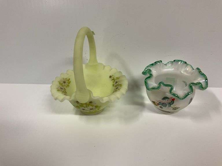 Fenton Satin Custard Basket, Fenton Art Glass Vase