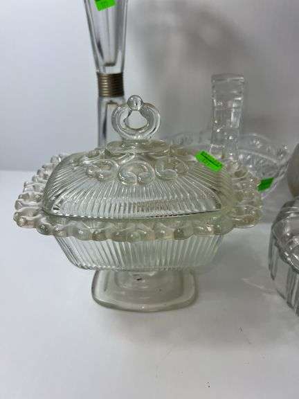 Assortment of Clear Glass Baskets, Dishes and Vases