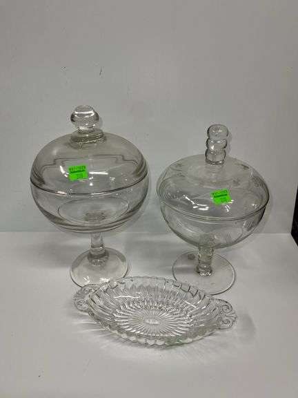 (2) Clear Glass Pedestal Candy Jars and Glass Relish Dish