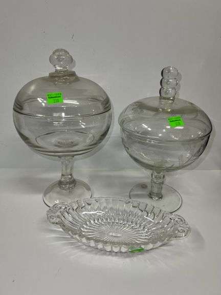 (2) Clear Glass Pedestal Candy Jars and Glass Relish Dish