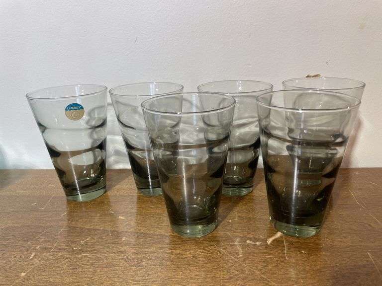 (6) Libby ripple gray Saturn optic ring drinking glasses